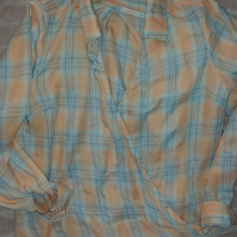 Plaid Wrap Blouse in Blue and Tan